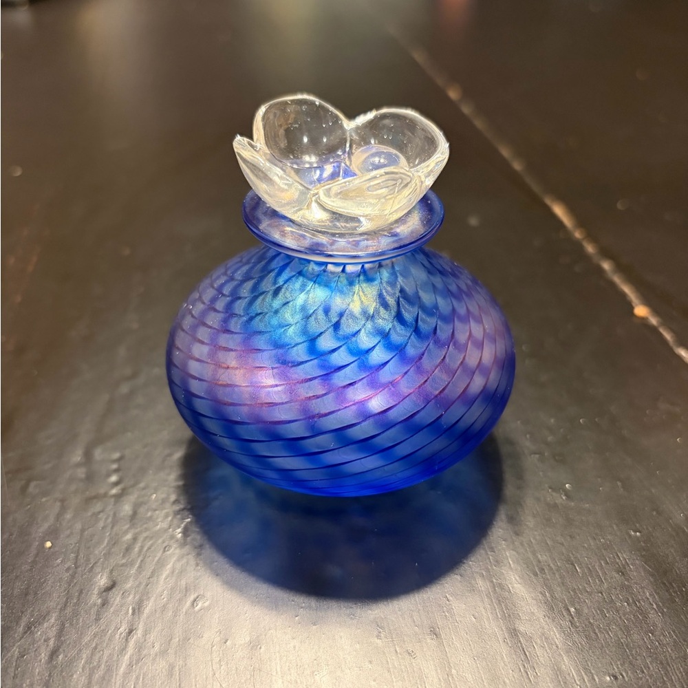 Vintage Blue and purple perfume bottle with floral stopper